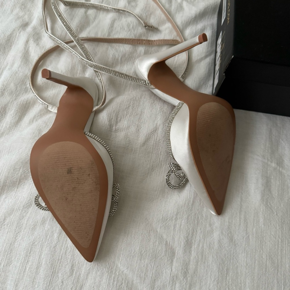 Lullie Ivory Satin Rhinestone Ankle Strap Pointed-Toe Pumps - Picture 2 of 5